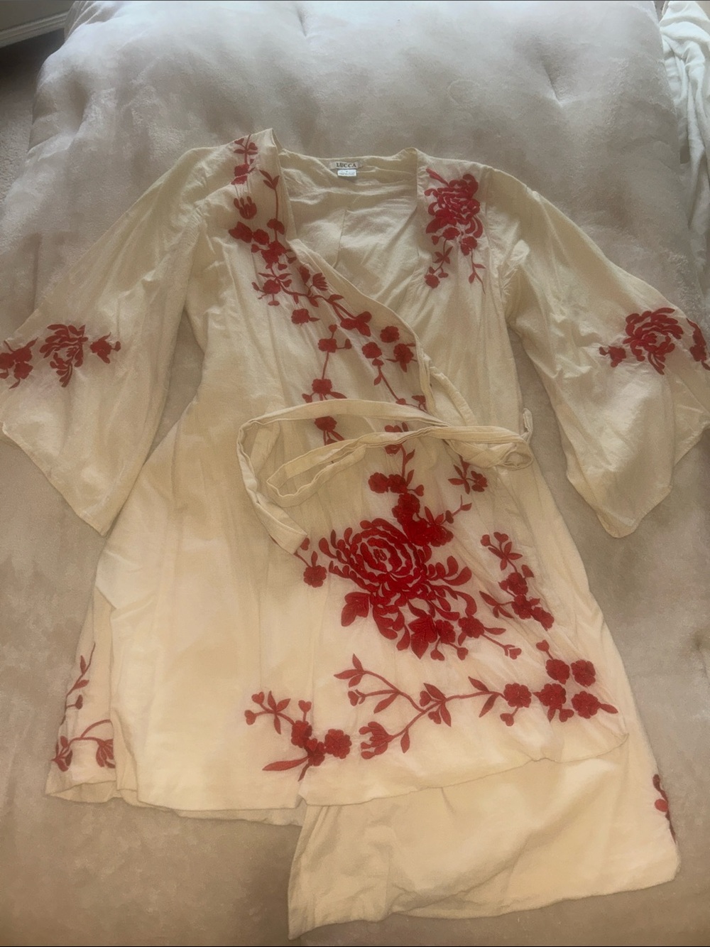 Cream Wrap Dress with Red Floral Embroidery and Tie Waist